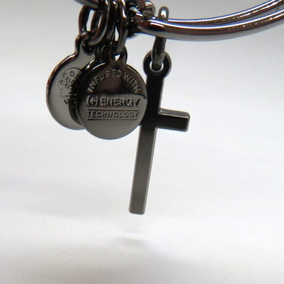 Alex Ani Cross Charm Bangle Bracelet Gun Metal Gray Tone Adjustable - Picture 2 of 8
